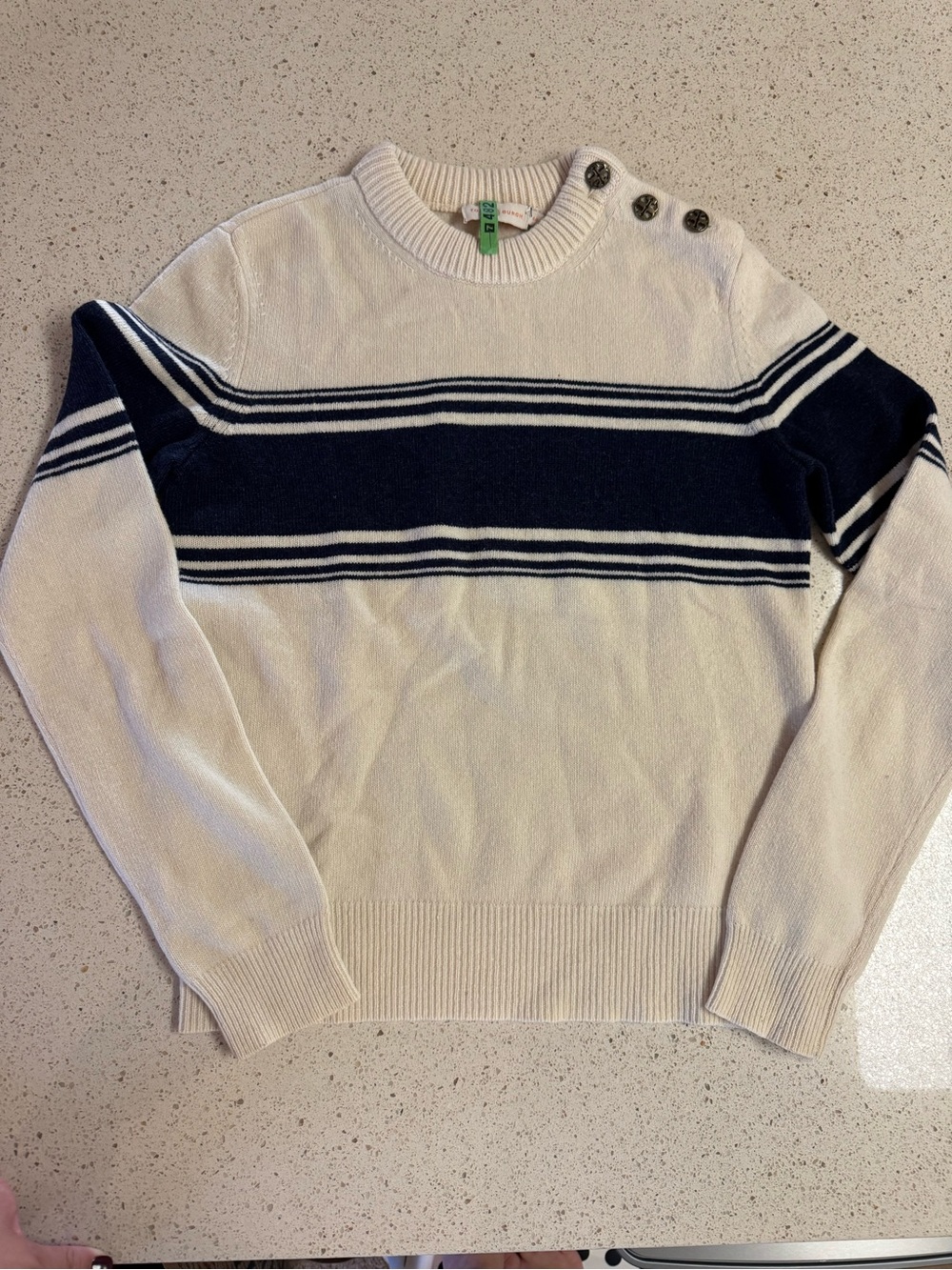 Tory Burch Cream Crewneck Sweater with Navy Stripes
